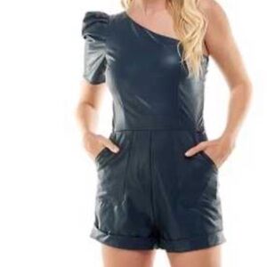 TCEC Black One-Shoulder Romper LeatherLike